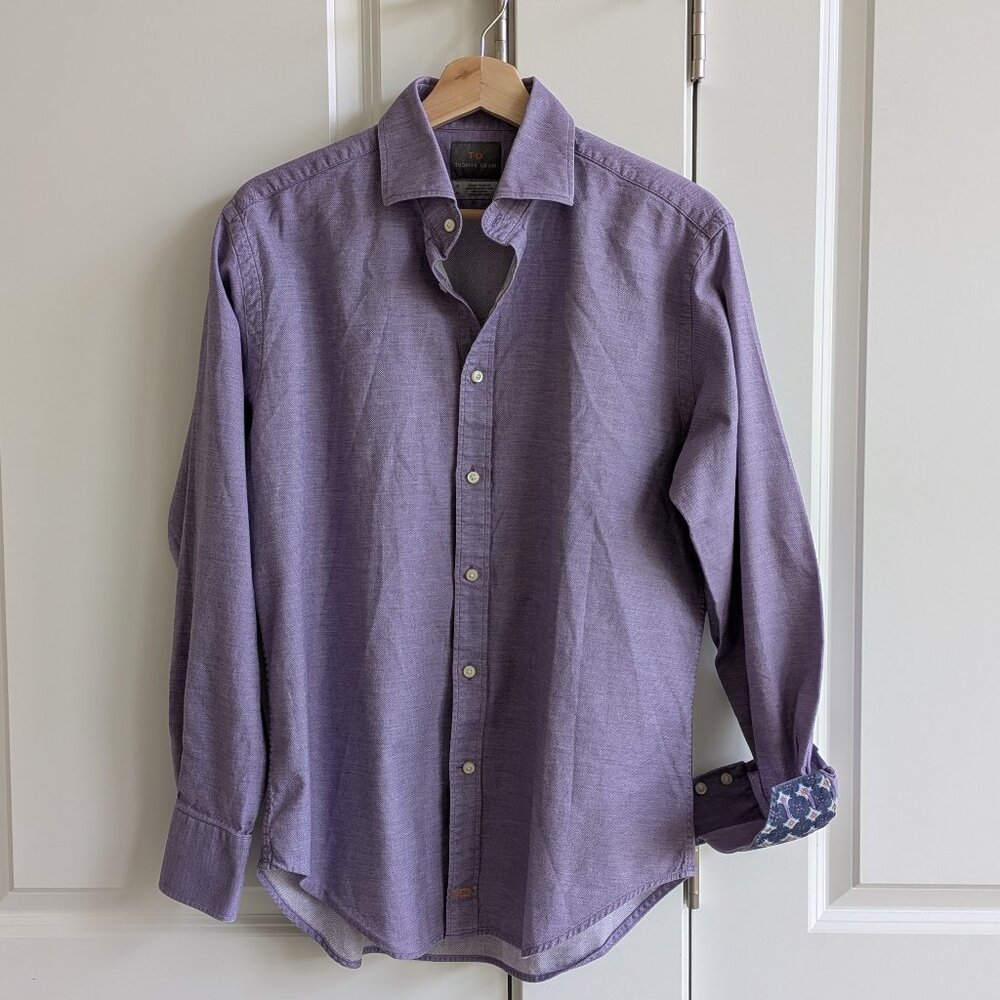 Thomas Dean Shirt Men M Purple Oxford Button Up Long Sleeve Flip Cuff 2 Ply Yarn